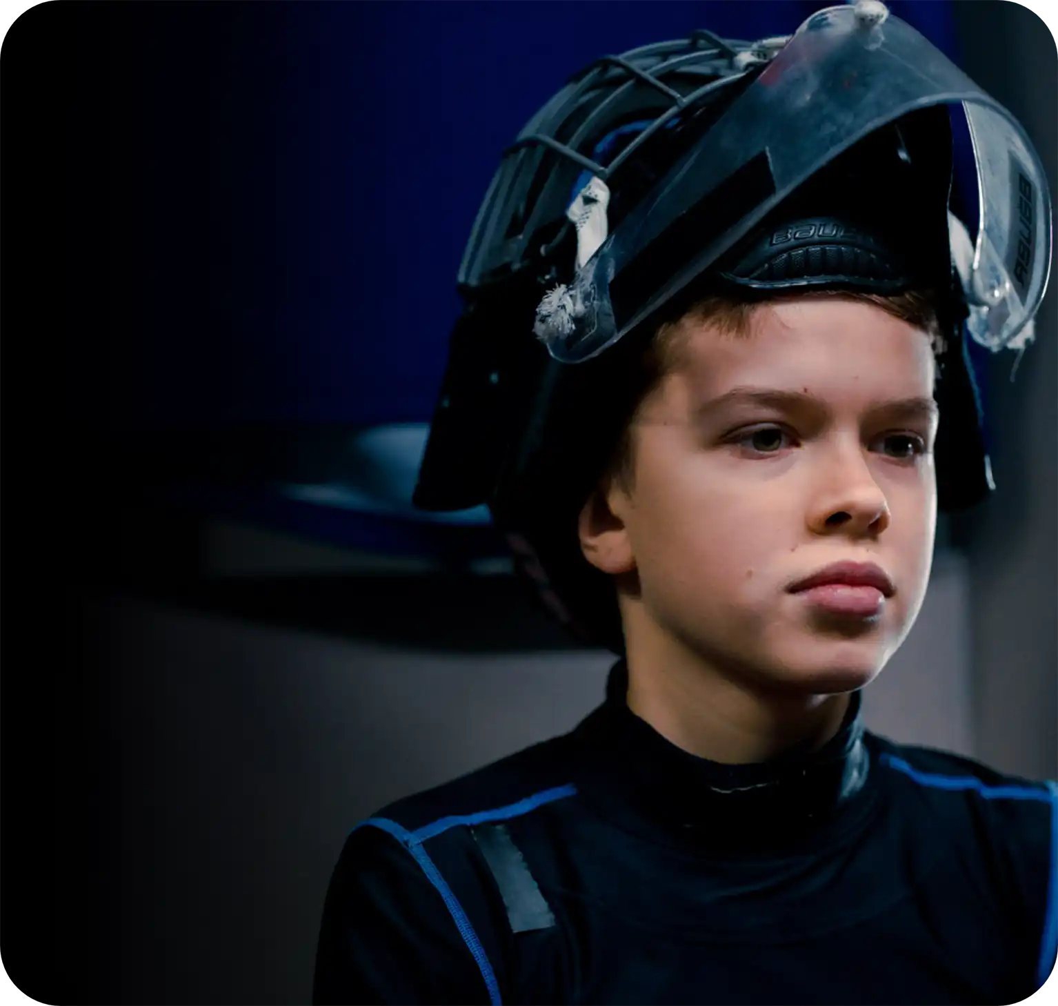 Boy wearing protective head gear